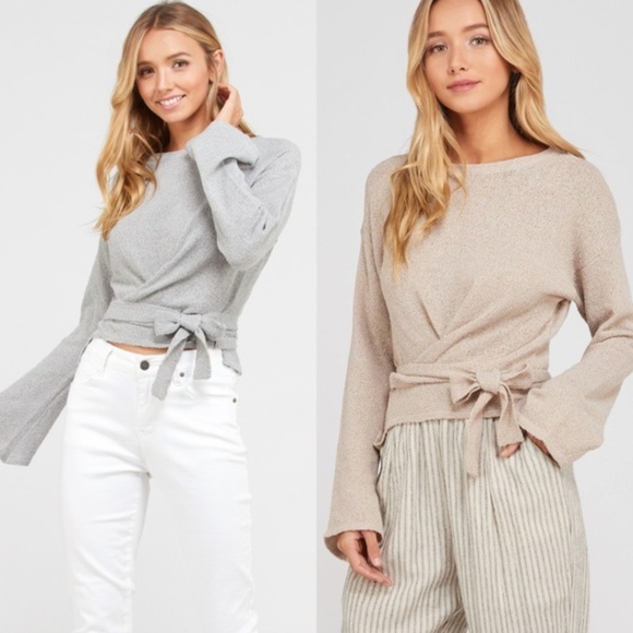 Tops - IN STOCK - Knit side tie wide sleeve top - TAN